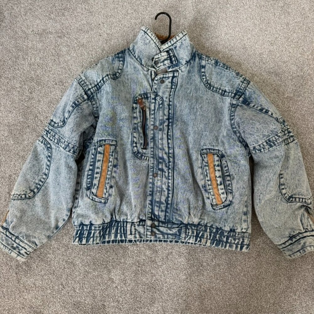 Vintage 80s Todays News Acid Wash Denim Moto Jacket Buckle Collar